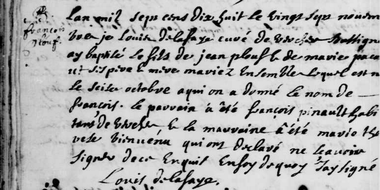 François Plouf’s baptism record, Contrecoeur register